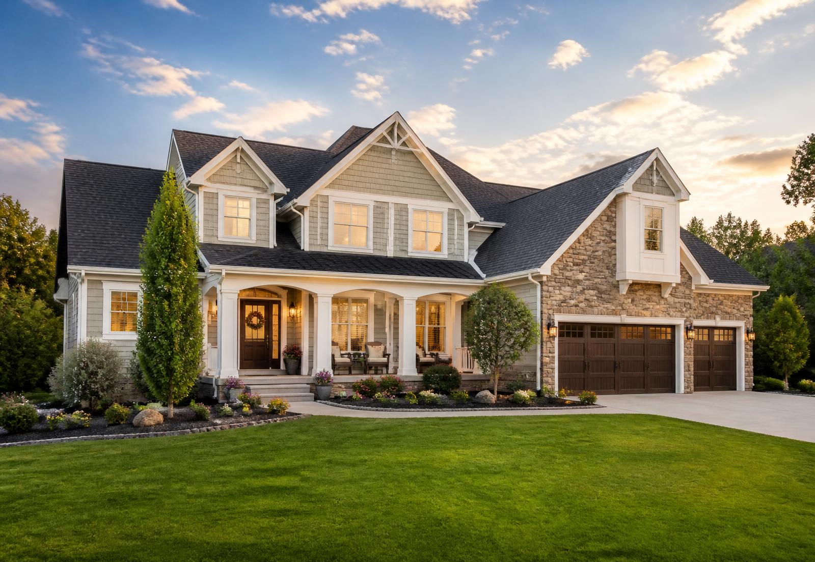 Suburban Utah home with a brand-new architectural shingle roof at golden hour